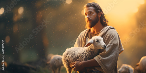Fotografie, Obraz Jesus recovered the lost sheep carrying it in his arms.