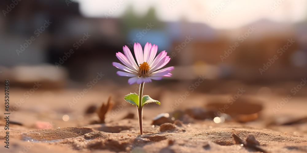 Hope concept. Flower growing in dry soil.