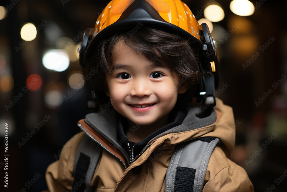 Dream job of fire fighter kid background. Generative ai. Dream job of fire fighter kid background. Generative ai.