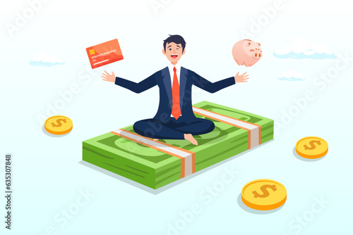 Ambitious man meditate on banknote with credit card and piggy bank, financial discipline, saving money or investing strategy, routine or practice to invest or building wealth or pay off debt (Vector)