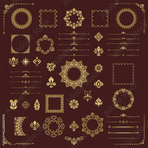 Vintage set of vector horizontal, square and round elements. Elements for backgrounds and frames. Classic patterns. Set of vintage btrown and golden patterns