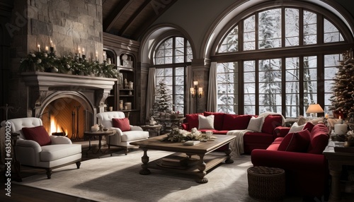 living room with fireplace at christmas