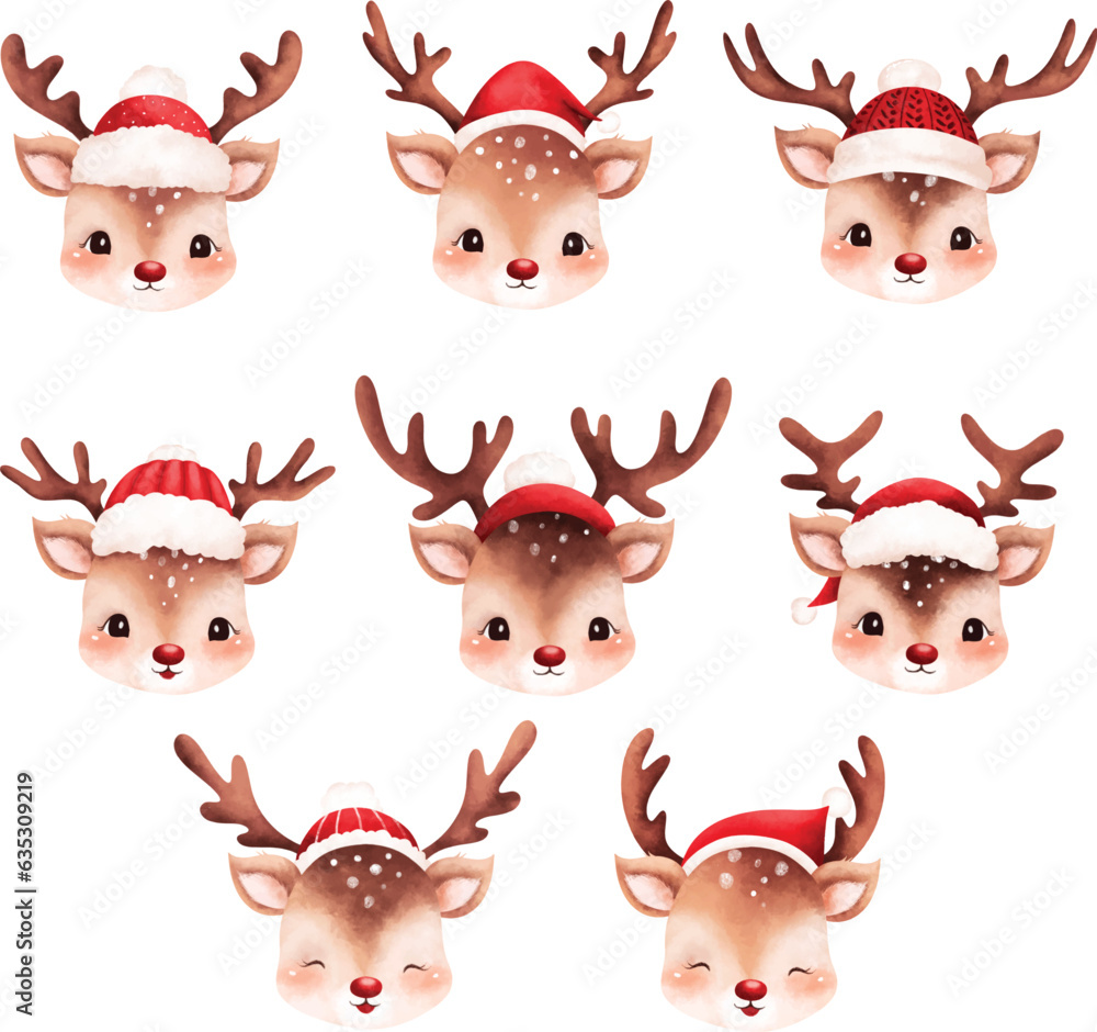 Watercolor illustration set of Christmas reindeer head Watercolor illustration set of Christmas reindeer head