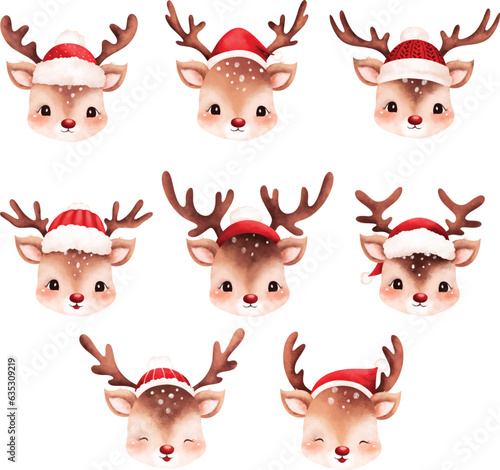 Watercolor illustration set of Christmas reindeer head