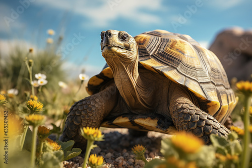Generative AI Image of a Tortoise Standing in Small Rocks with Flowering Plants at Bright Day © heartiny