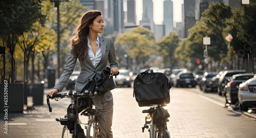 Mujer de negocios viajando a su trabajo de oficina en bicicleta photo