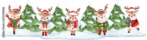 Watercolor illustration cute reindeers and snow tree banner