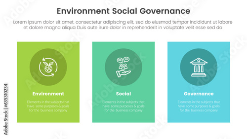 esg environmental social and governance infographic 3 point stage template with vertical rectangle box concept for slide presentation
