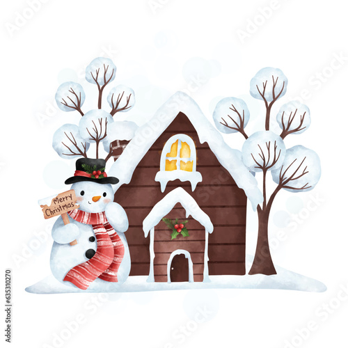 Watercolor illustration cute snowman with wooden house and snow tree
