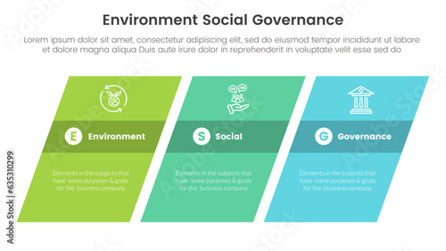 esg environmental social and governance infographic 3 point stage template with rectangle skew or skewed concept for slide presentation