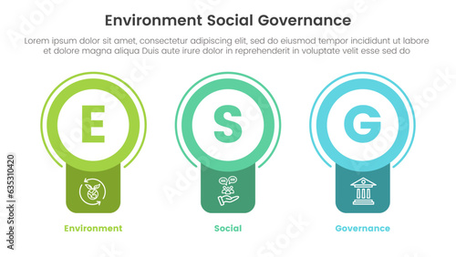 esg environmental social and governance infographic 3 point stage template with badge circle banner shape concept for slide presentation