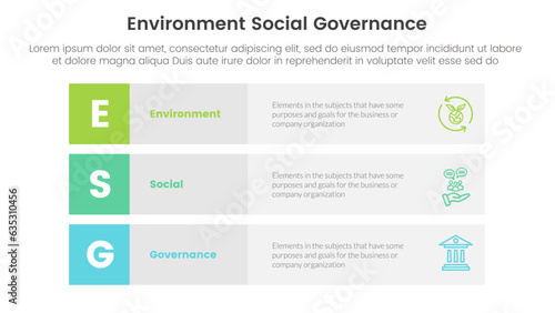 esg environmental social and governance infographic 3 point stage template with 3 block row rectangle content concept for slide presentation