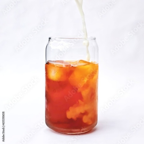 cold brew, cold coffee with mineral water and orange, pouring milk on a white background, refreshing drinks