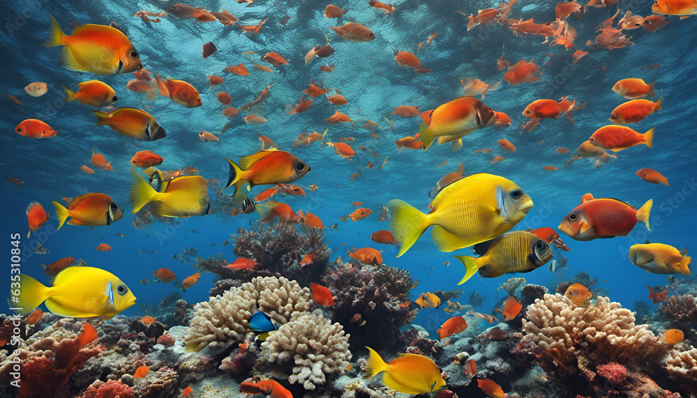 yellow tang fish underwater in sea generated by AI tool yellow tang fish underwater in sea generated by AI tool