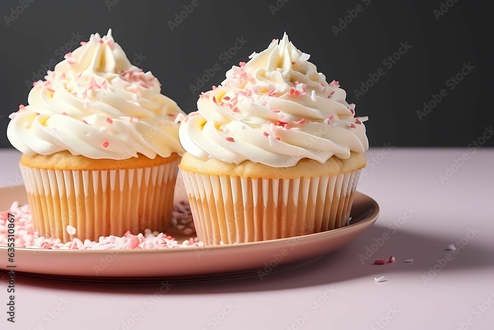 Vanilla cupcakes with cream and pink sprinkles