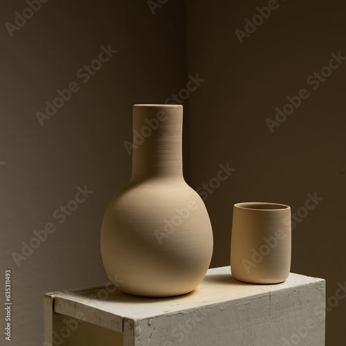 clay and ceramic vessel perched on a base, vase for drinking water on a neutral background mexico latin america