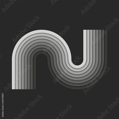 Bold letter N monogram logo initial, gray parallel ribbons creative layers pattern geometric smooth curves shapes, 3d stripes paper cut style design emblem, identity typography mark.