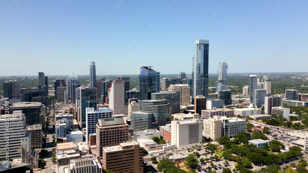 Aerial drone approach Downtown Austin Texas USA 2023 Aerial drone approach Downtown Austin Texas USA 2023