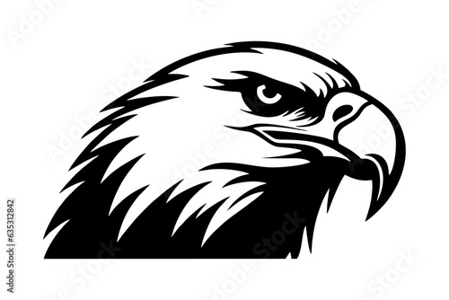 Eagle head profile black monochrome logo for print, plotter or laser cutting. Falcon hawk wild carnivorous bird portrait mascot insignia icon emblem freedom independence USA. Vector illustration