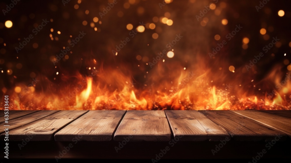 Oven fire burning at edge of wooden table. Restaurant BBQ menu background.
