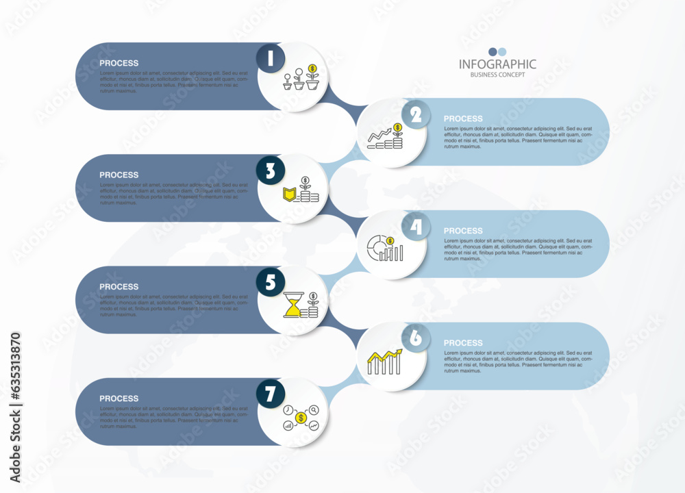 Fototapeta premium Infographic process design with icons and 7 options or steps.