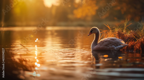 A wide image of the cute baby swan swimming in an orange lake during sunset, copy space