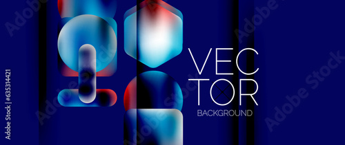Dynamic bright colorful geometric elements with fluid gradients, lights, shadows blend in a minimal backdrop, creating captivating composition