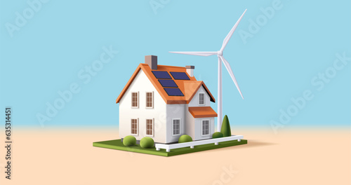 3d Illustration of an eco friendly modern house using renewable sources of energy like windmill and solar panels