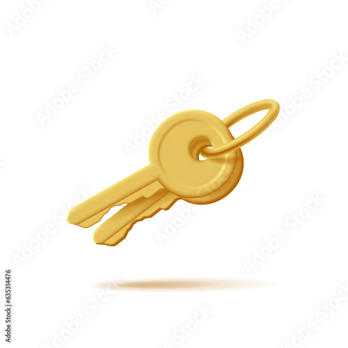 Bunch of keys 3d illustration, golden color classic shape with ring