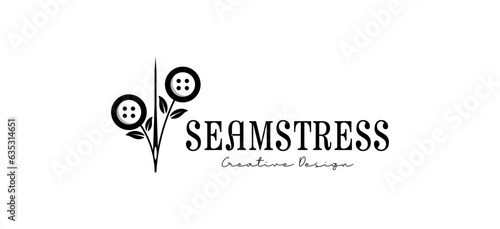 Tailor logo design with needle and shirt button in flower shape