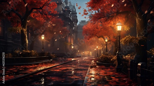 Night street with fallen leaves in autumn season. © mariiaplo