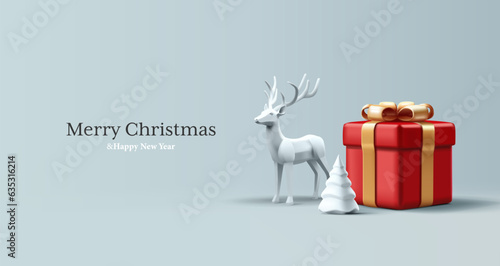 Christmas greeting with 3d realistic glossy red giftbox and reindeer with Christmas tree statuettes near it, banner render illustration