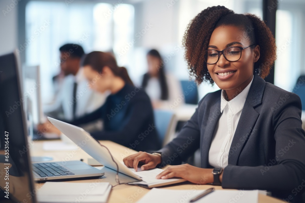 Happy black businesswoman multitasks with computer and notes at her office, with colleagues in the background.
Happy black businesswoman multitasks with computer and notes at her office, with colleagues in the background.