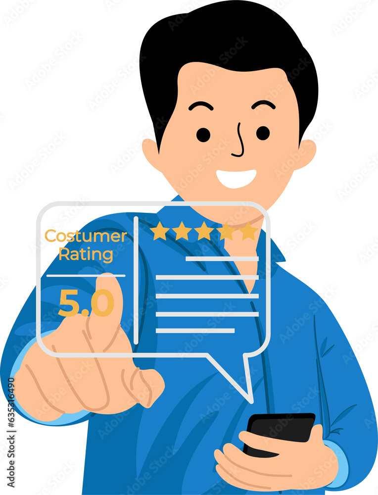 Customer review satisfaction feedback survey concept. Man or User give rating to service excellent experience on a phone application