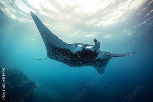 A majestic Manta Ray gracefully glides through the underwater world, capturing the essence of marine wonder.
