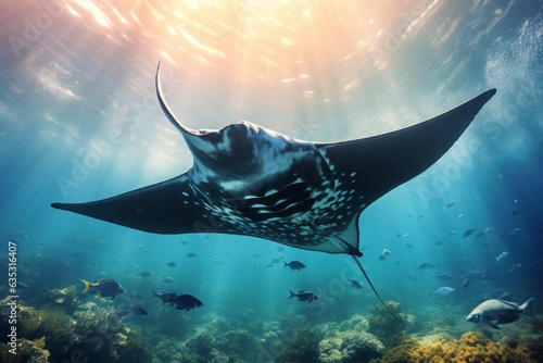 A majestic Manta Ray gracefully glides through the underwater world, capturing the essence of marine wonder. 