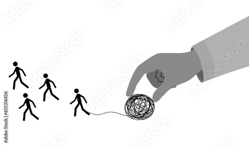 A human's hand removes a tangled lump of yarn from a man, mental health concept.