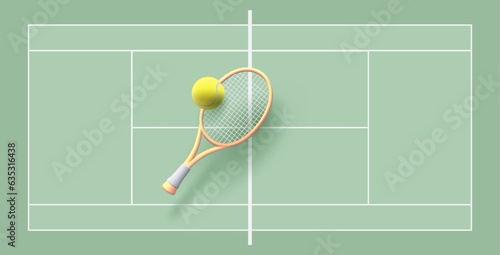 3d tennis racket and tennis ball on green tennis court background, Illustration or banner backdrop for competition poster