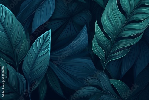 An exquisite collection of tropical leaves and foliage is artistically rendered in shades of blue, contrasted against a spacious cosmic backdrop, offering a modern and ethereal feel.