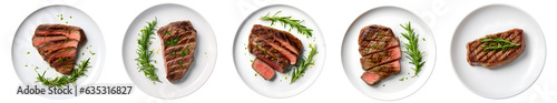Grilled sliced Beef Steak  in white plate, top view with transparent background