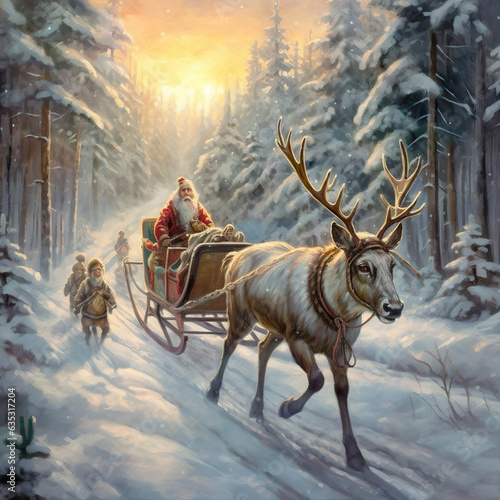 Christmas reindeer in the snow  Santa driving a sleigh  Christmas card