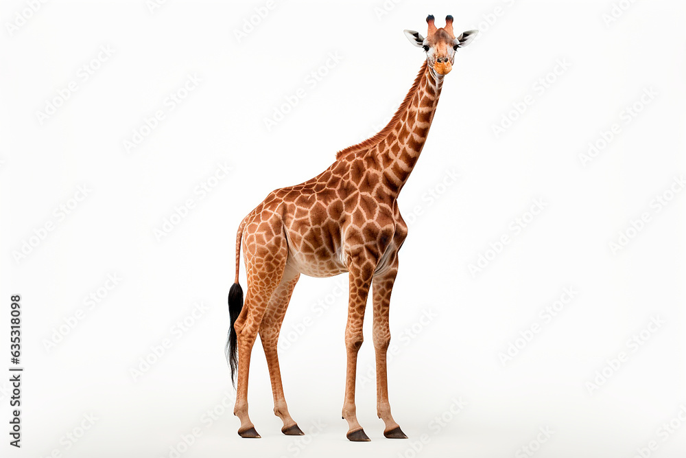 Giraffe isolated on white background. Animal right side portrait.