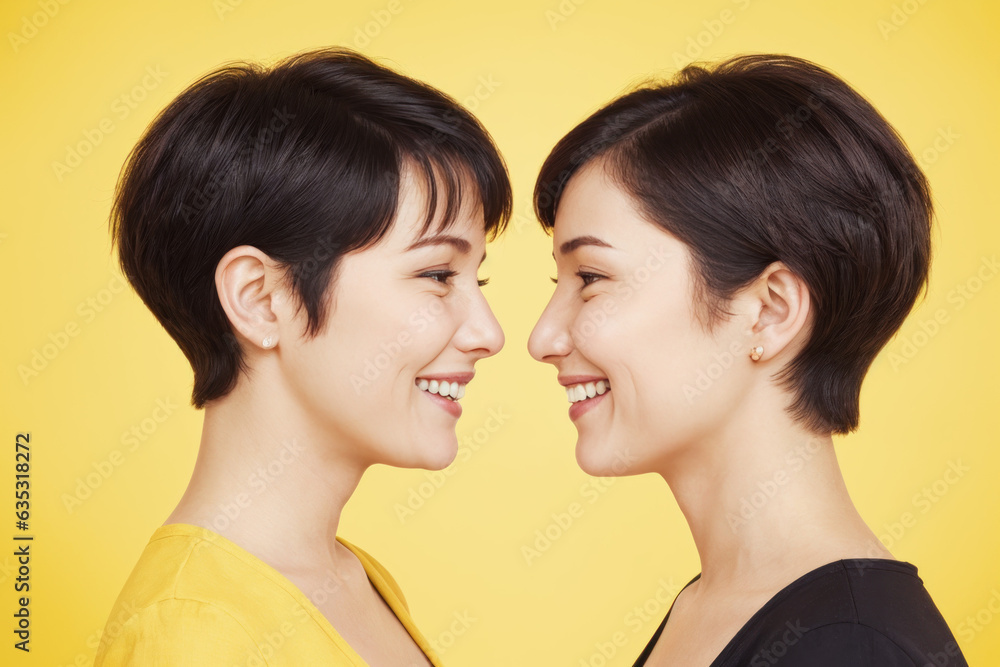 two smiling women facing each other, generative ai two smiling women facing each other, generative ai