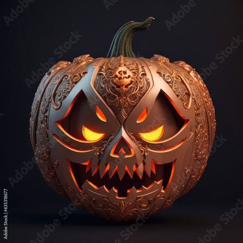 3D carved gothic Halloween pumpkin jack o lantern with evil eyes and face photo