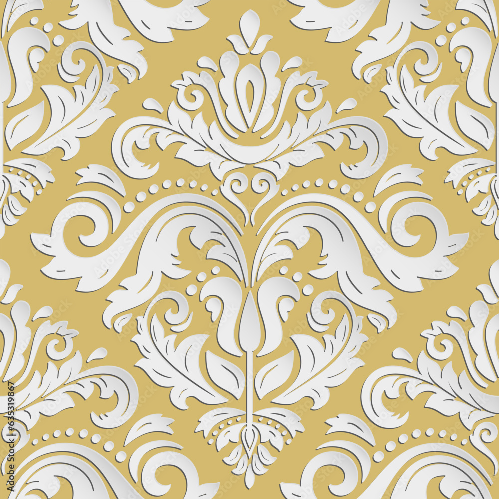 Seamless vector oriental golden and white ornament. Oriental traditional pattern with 3D elements, shadows and highlights