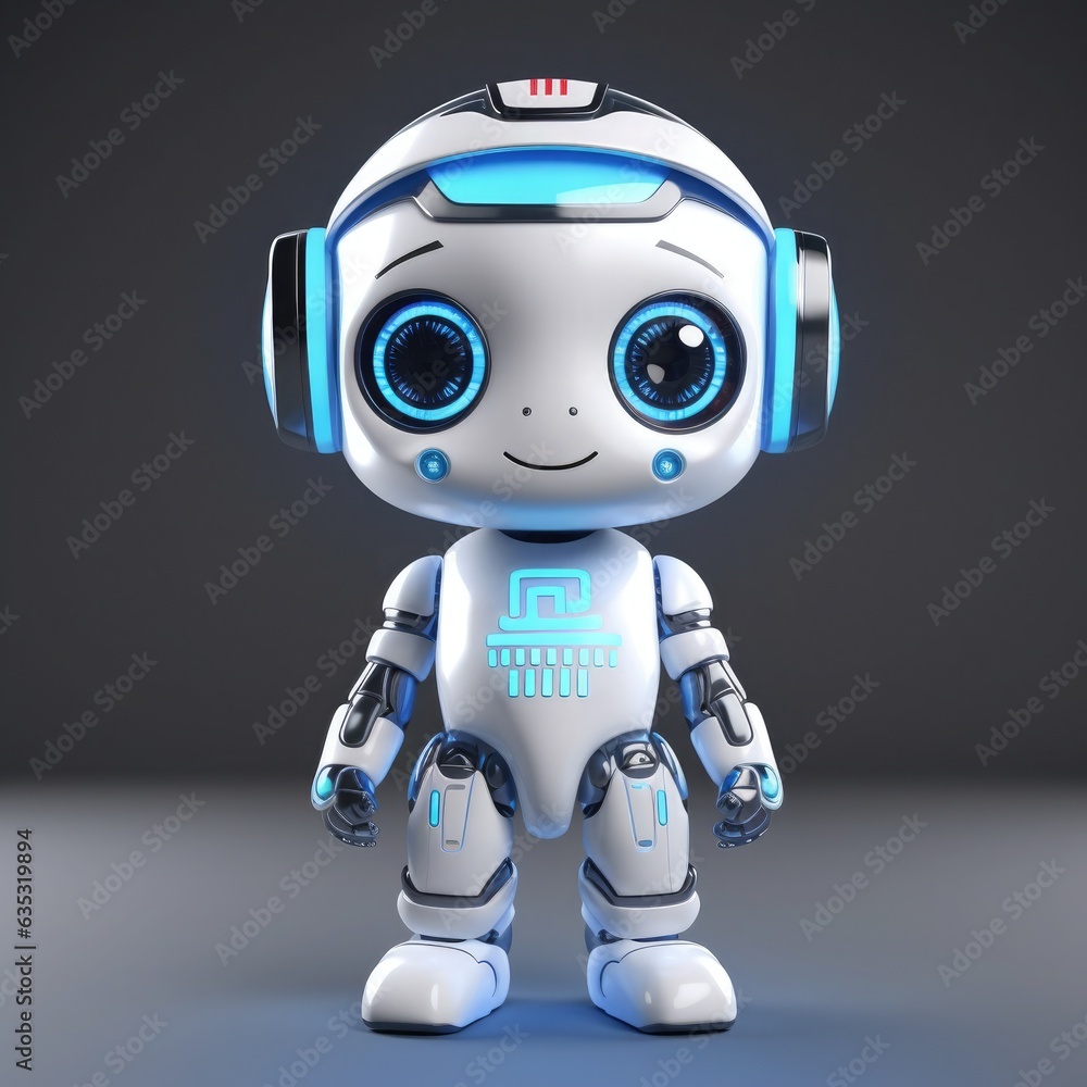 This adorable little robot has blue eyes, standing on a black background. Perfect for any interactive project!” This adorable little robot has blue eyes, standing on a black background. Perfect for any interactive project!”