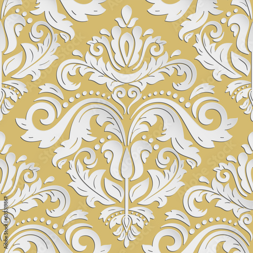 Seamless vector oriental golden and white ornament. Oriental traditional pattern with 3D elements, shadows and highlights