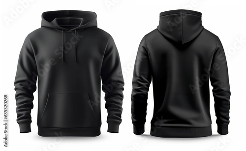 Black pullover hoodie front and back view isolated on white background.