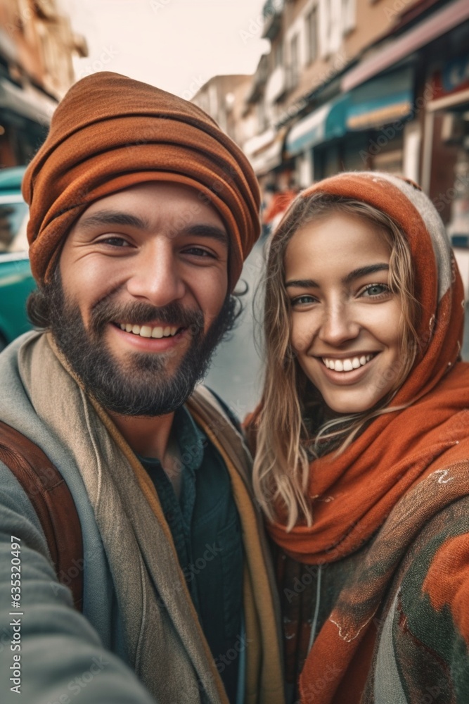Generative AI : Happy tourists couple visiting Jamaa elFna market Marrakech Morocco Boyfriend and girlfriend taking selfie picture on summer vacation Holidays and tourism concept Generative AI : Happy tourists couple visiting Jamaa elFna market Marrakech Morocco Boyfriend and girlfriend taking selfie picture on summer vacation Holidays and tourism concept