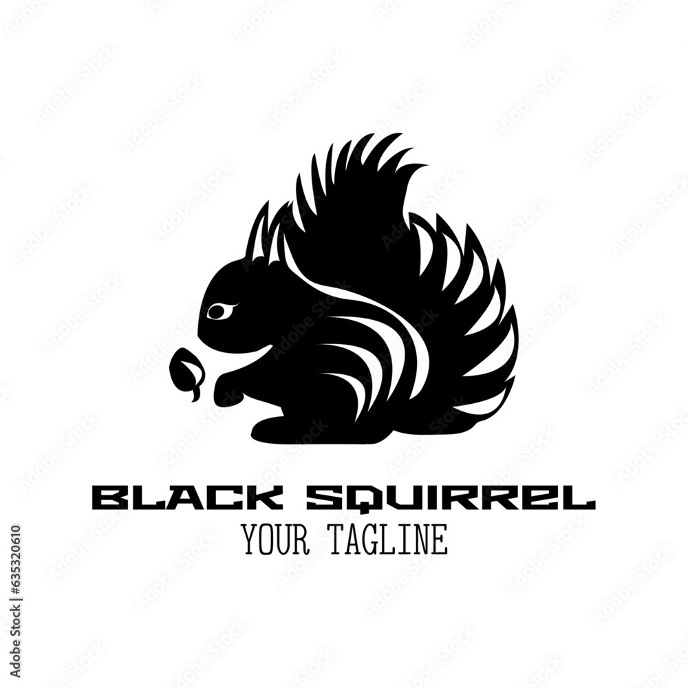 Fototapeta premium Black and white minimalistic squirrel with one acorn. Logo with text on white background